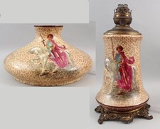 RARE Lrg Antique Hand-Painted Porcelain Joan of Arc Kerosene Oil Table Lamp, NR