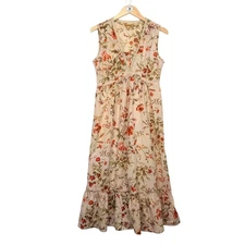 April Cornell Sleeveless Floral Midi Dress Small Beige Cottagecore Boho Prairie