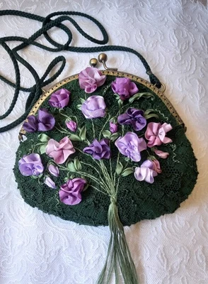 Vintage flapper style Purse Bag embroidered sweet peas in silk on lace - Image 1 of 2