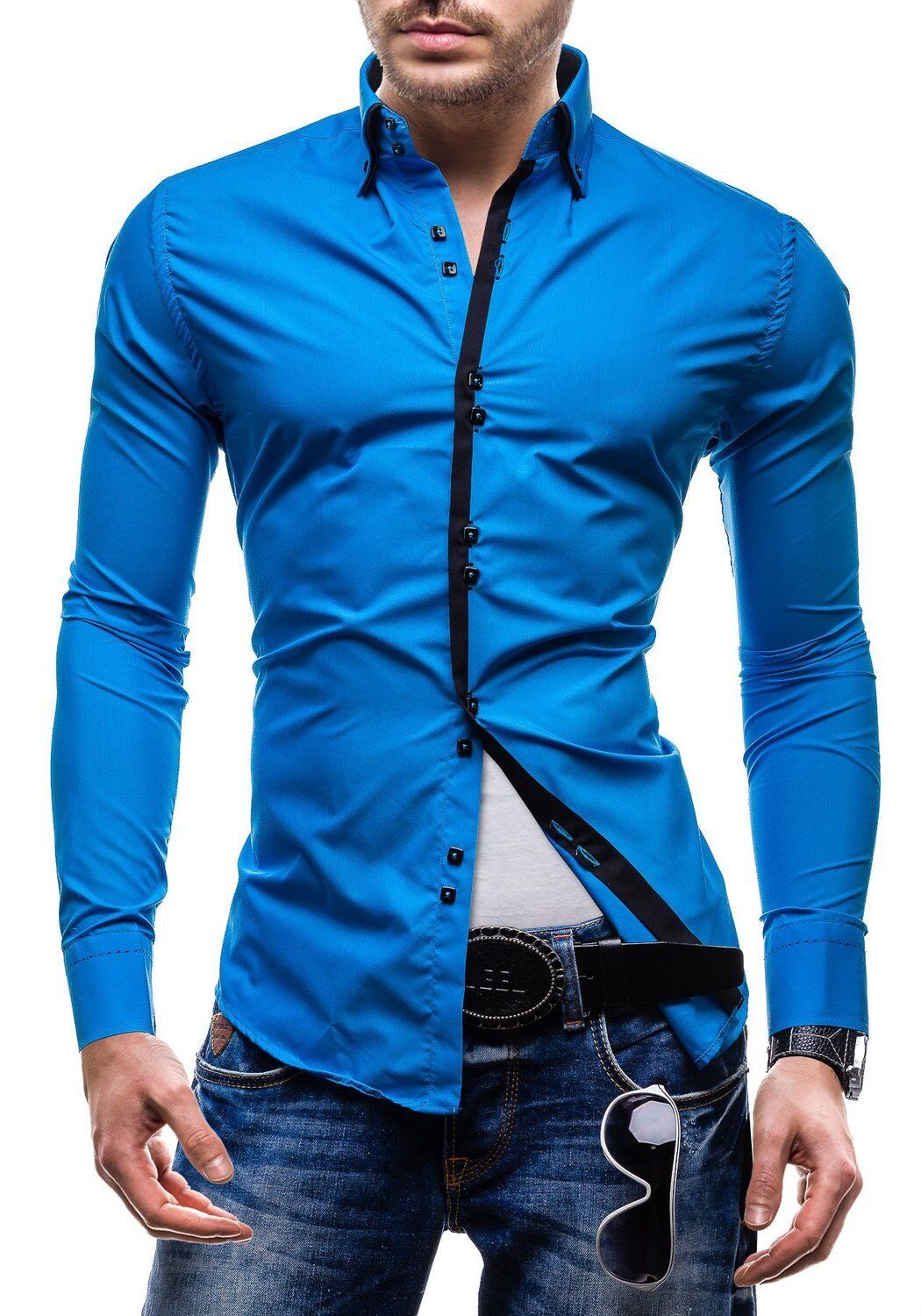 Stylish Mens Slim Fit Casual Double Collar Shirt Long Sleeve M L XL XXL ...