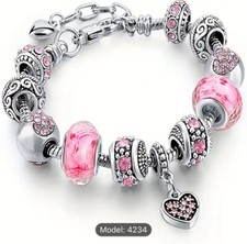 Pink Heart Bracelet Set With 11 Charms, Woman Jewelry
