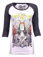 SECRET ARTIST by AFFLICTION Women's T-Shirt L/S OWL MISTRESS 3/4 RAGLAN