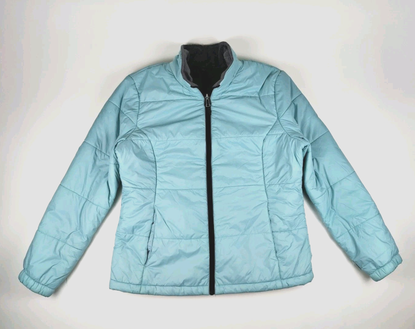 Free Country Womens Puffer Jacket Size L Soft Shell Faux Fur Full Zip Light Blue