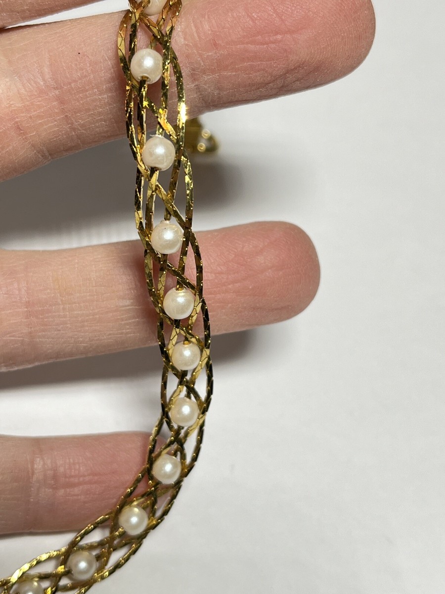 ◆VINTAGE HOLLYWOOD◆ Matte Classic Chain Bracelet VH2411BR0 Vintage 90's Braided Chain Shiny Goldtone Faux Pearl