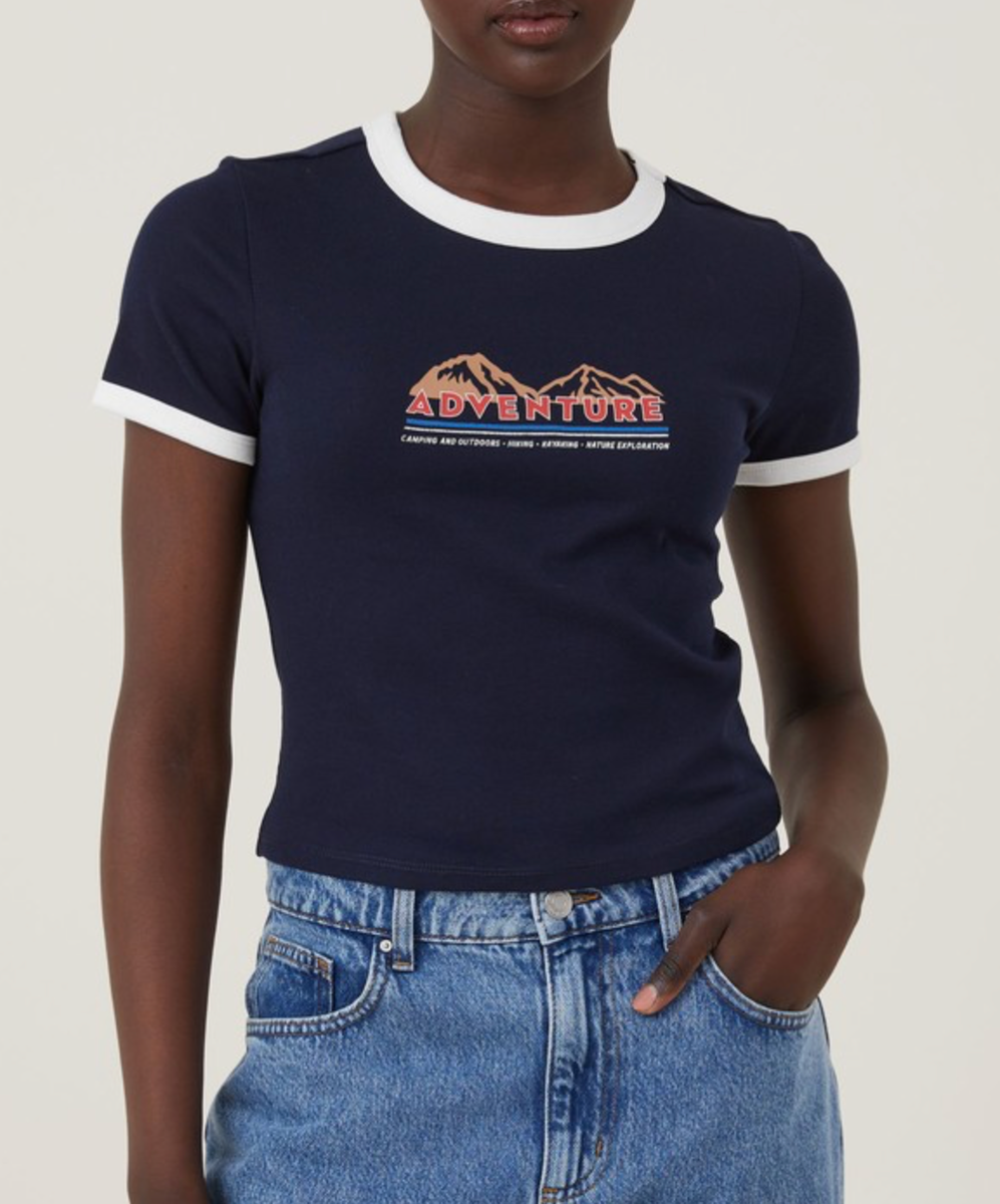 Cotton:On Women's Fitted Rib Graphic Tee Adventure T-Shirt Navy