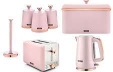 Tower Cavaletto Pink Kettle Toaster Breadbin Canisters Kitchen Roll Holder Set