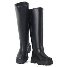 Women's Knee-High Black Boots Comfortable Chunky Block Heel Riding Boots
