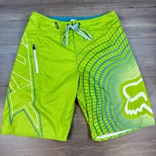 Fox Racing Board Shorts Swim Trunks Suit Men 34 Neon Green Zip Pocket Drawstring