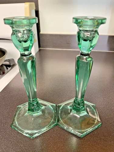 Fenton Glass Candle Holder(2) Green Pedestal 8.5" w/Logo Great Condition-Vintage