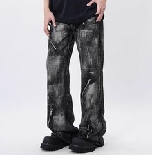 Men's Black Denim Jeans Straight Leg Casual Zipper Pants Trousers Punk Hip Hop