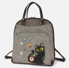 NWT! BLACK CAT FLOWER CONVERTIBLE BACKPACK PURSE BAG GRAY CHALA * Free shipping!