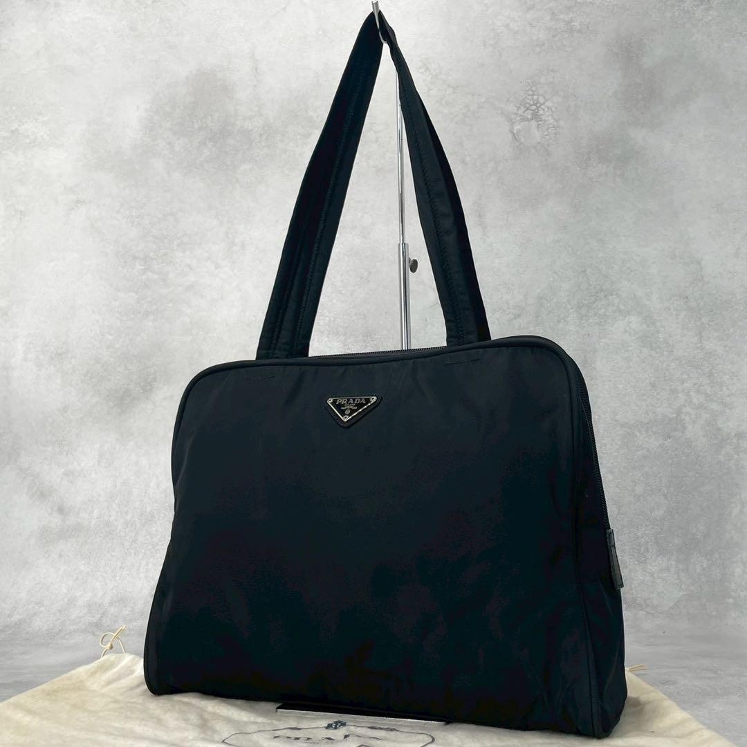 Prada Tote Bag Nylon Leather Black Shoulder Strap Triangle Logo Used