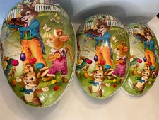 4 pcs Antique German Paper Mache Easter Egg Container Rabbit Egg Nest XL 9x14"