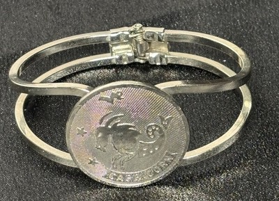 Zodiac Bracelet Capricorn Silver Tone Clamper Hinged Medallion