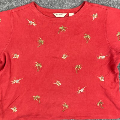 Bechamel Top Womens Size 2X Red Embroidered Monkey Palm Tree Tropical Cotton
