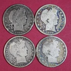 LOT OF FOUR DIFFERENT LOW GRADE BARBER HALF DOLLARS