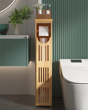 Bamboo Toilet Paper Storage Cabinet for Small Spaces - Slim Design 33x7.3x6.5