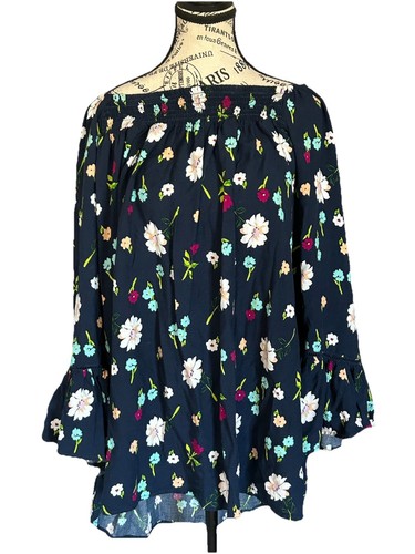 Terra & Sky Bluse Oberteil Damen 2X marine Blumen gesmokter Ausschnitt Glockenärmel Pullover
