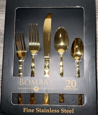 BOMBAY ARIELLA 20pc.STAINLESS STEEL GLOSSY GOLD PREMIUM CRAFTED  FLATWARE NIB