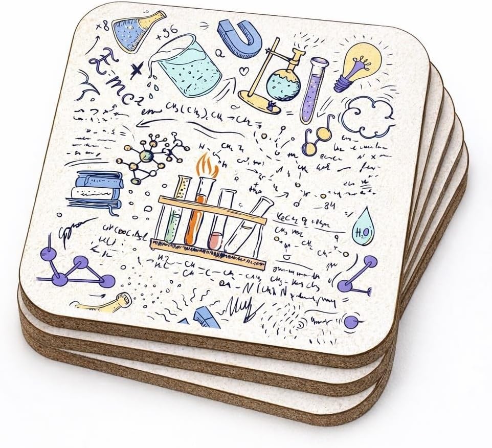 Chemistry Lab Cork Backed Drink Coasters, Square, 9.5 x 9.5 cm, Set of 4