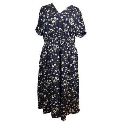 Shein Curve Midikleid Blumen UK 22 24 marine V-Ausschnitt Gummibund Übergröße