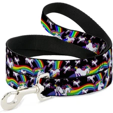 Dog Leash Unicorns/Rainbow Swirl Black NARROW 0.5"