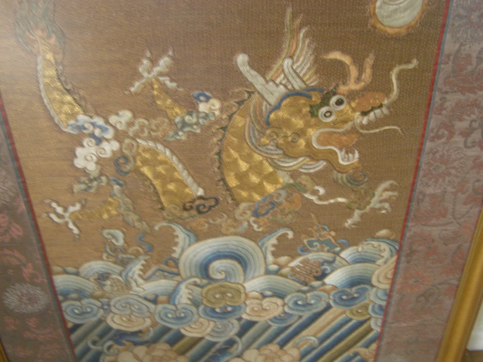 Antique Chinese Silk Kesi Kosu Dragon Robe Embroidery Fragment Framed 32X22. - Image 3 of 4