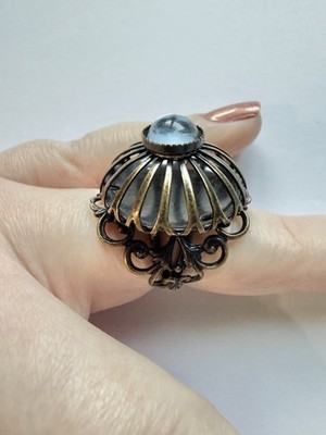 Vintage Bronze Filigree Domed Ring with Blue Stone Size 6