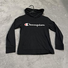 Champion Hoodie Youth Small Black Script Logo Pullover Long Sleeve Kangaroo