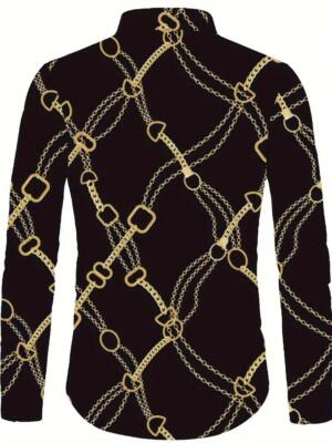 Men's Gold Chain Print Casual Shirt Button-Up Long Sleeve Lapel Collar  Black | eBay
