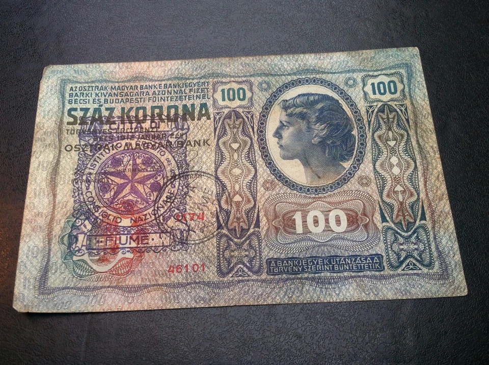 100 CORONAS 1912 - 2 X sello CITTA DI FIUME Consiglio Nazionale -Croacia- Austria Foto 2 de 3