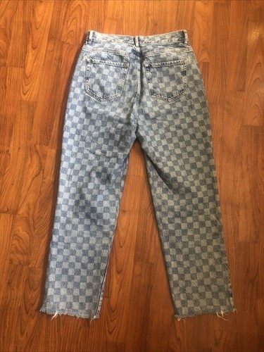 Jeans PACSUN blu check denim bottoni mosca vita alta gamba dritta orlo grezzo donna - Foto 7 di 13