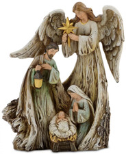 Napco Guardian Angel With Holy Family Wood Look 10 Inch Resin Stone Decorative