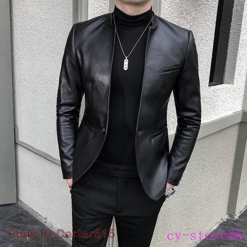 Men's Korea Style Slim Fit Leather Blazer for Nightclub Stage Singers Costume<br> main image 0