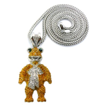 HIP HOP FULL ICED FROG PIECE WITH 4mm 30'' FRANCO CHAIN WHITE GOLD PLATED*
