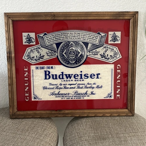 Vintage Budweiser Mirror Bar Sign Wood Frame - King of Beers - Man Cave Bar