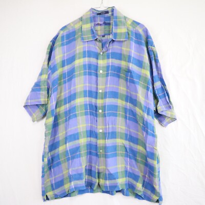 Alan Flusser Shirt Mens 2XL XXL Linen Casual Pocket Button Up Plaid Short Sleeve