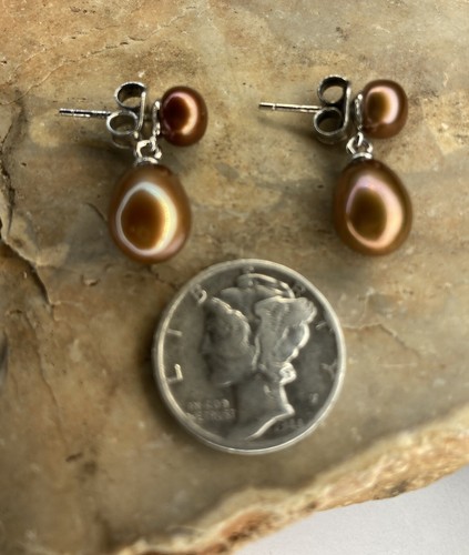 Vintage OP Sterling Silver Bronze Freshwater Dangle Pearl Earrings 7mm 5mm - Picture 5 of 6