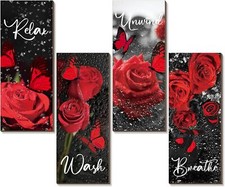 Tatuo Set of 4 Red Rose Bathroom Wall Decor Wooden Art...