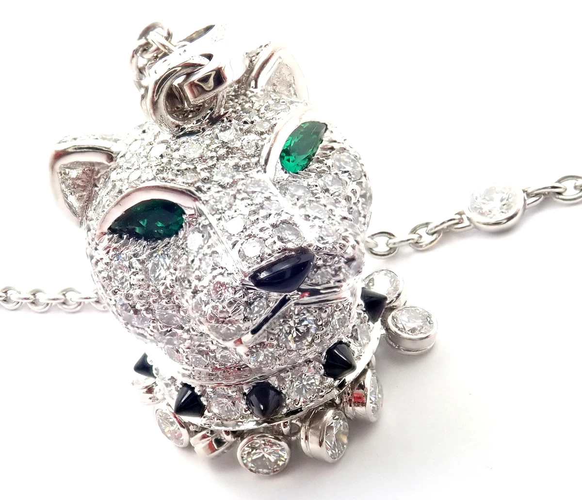 Authentic Cartier Panther 18k White Gold Diamond Emerald Onyx Pendant Necklace