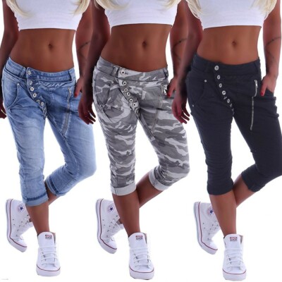 Mozzaar Damen Boyfriend Jeans Capri Baggy Kurze 3/4 Hose Knopfleiste Sommer B130