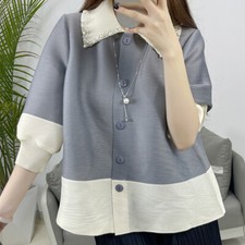 2024 Pleated Casual Bead Half Sleeve Shirt Tops Women's Loose Cardigan Shirt
