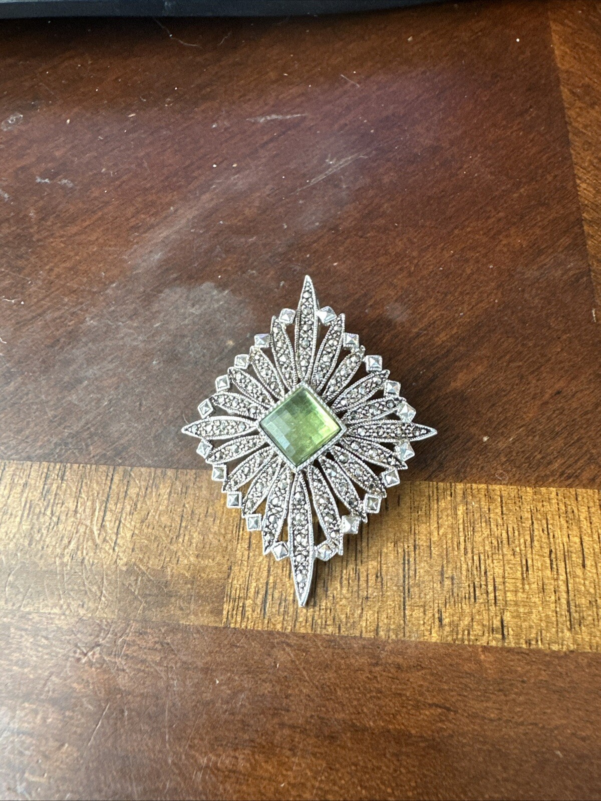 Vintage Rectangular Green Stone And Rhinestone Pe… - image 1