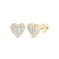 10K Gelbgold Rund & Baguette Diamant Gestuft Herz Ohrringe 13Mm Nieten 1/4 Karat