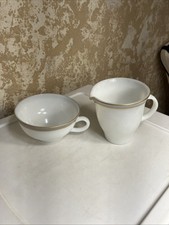 Pyrex Milk Glass Teacup and Cream Pitcher Greyand Gold Rim Made In USA