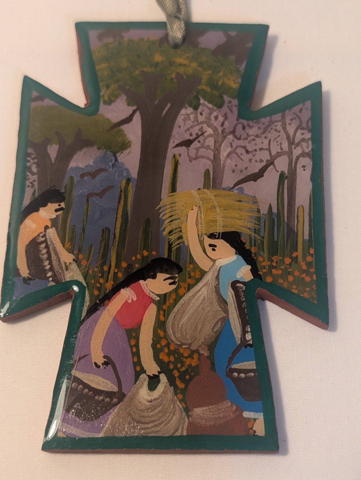 Hand painted Mexican/Latin American Religious Folk Art Cross With A Farm Scene.
