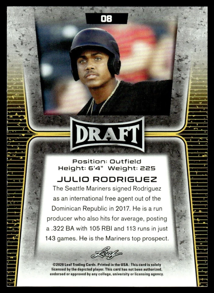 2020 Leaf Draft Julio Rodriguez Seattle Mariners #8 - Image 2 of 2