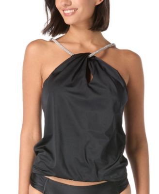 Carmen Marc Valvo Womens Metallic Halter Strap Top Black M