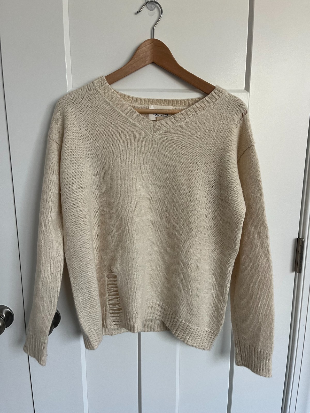 Nation LTD Baby Alpaca Cotton Sweater M Distressed V-Neck Cream Pullover Peru