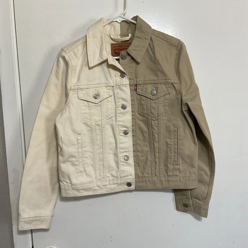 OFF WHITE Giubbotto piumino donna Levis taglia M beige bianco sporco colorblock denim con bottoni